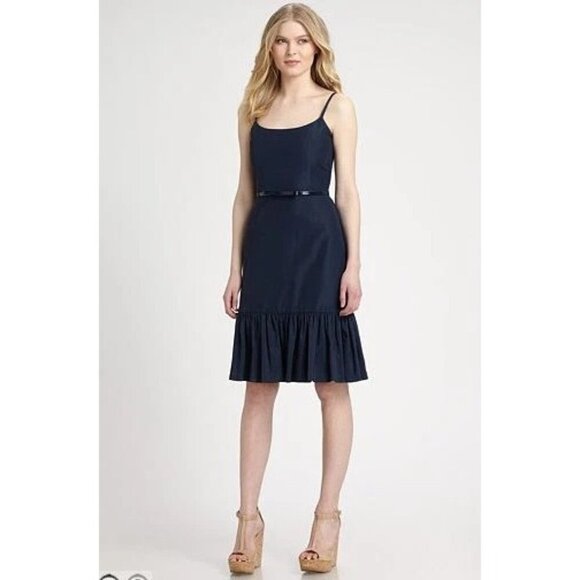 Kate Spade Size 4 Talitha Navy Blue Ruffle Hem Dress Slim Bow Belt Sleeveless - Picture 3 of 15